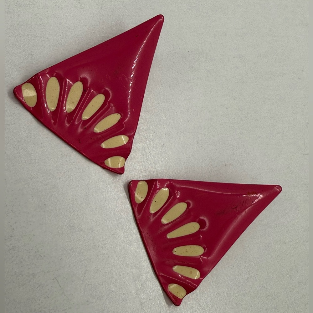 Vintage 1980s Metal Statement Earrings – Pink & Yellow‎ Fruit-Slice Vibes Retro